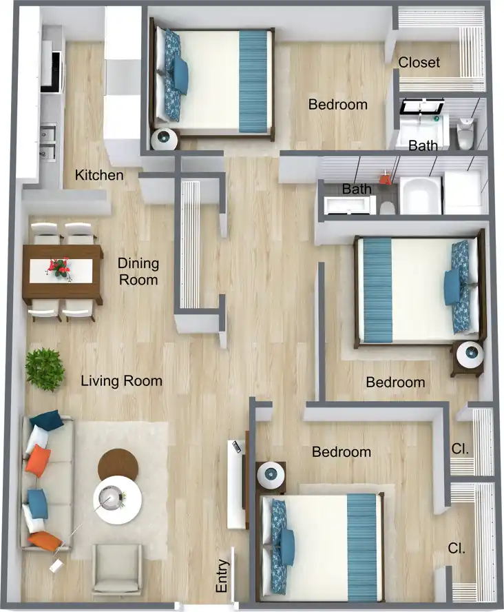Three Bedroom floor plan, 1,200 sq ft