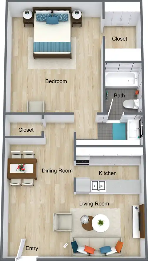 One Bedroom floor plan, 725 sq ft