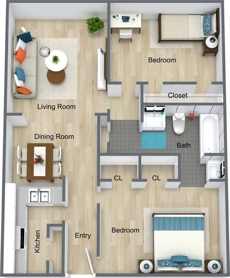 Two Bedroom floor plan, 955 sq ft